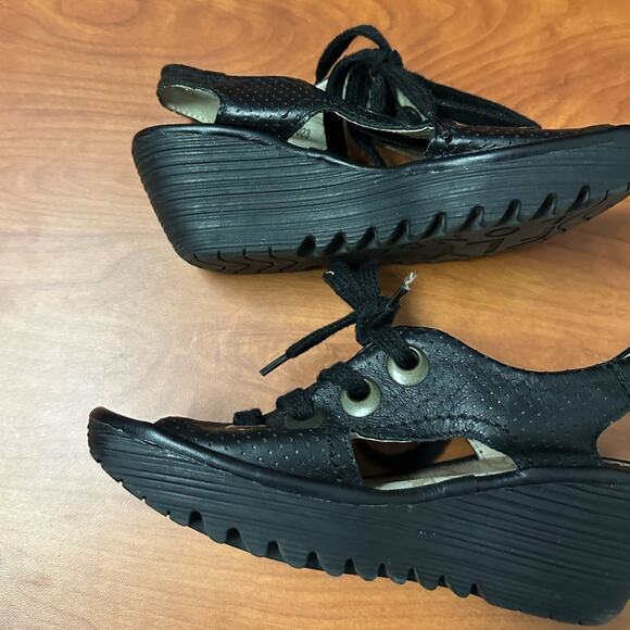 Fly London Ylva Lace Up Wedge Sandals Womens 38 7-7.5 Black Summer Open Toe - Picture 8 of 13
